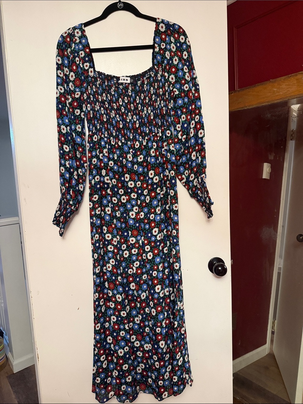 RIXO Black Maxi Dress with Blue, Red and White Floral Print